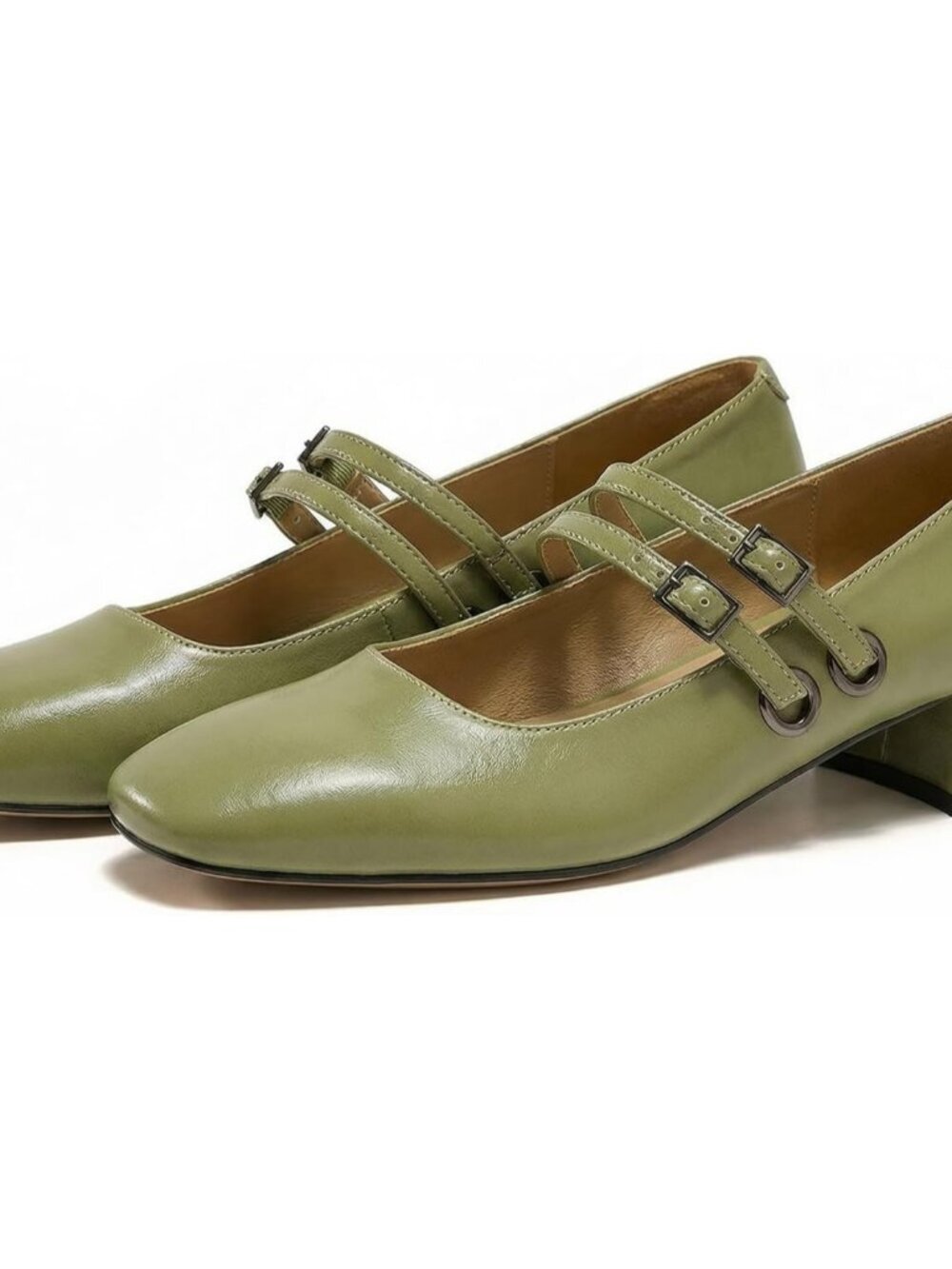 Women's Green Mary Jane Low Pearl Heels Closed Square Toe Pumps Ballet Shoes - Picture 4 of 6